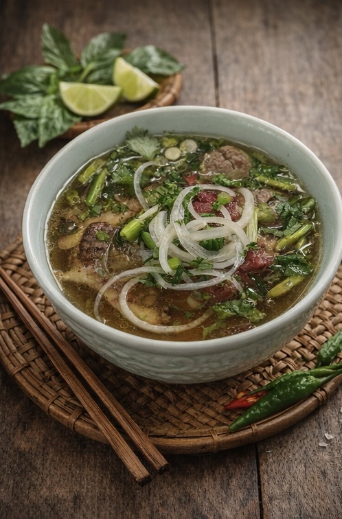 A steaming bowl of authentic Vietnamese pho with rare beef and herbs