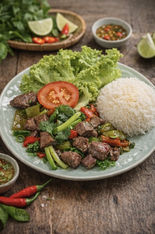 Shaken beef cubes with rice and salad